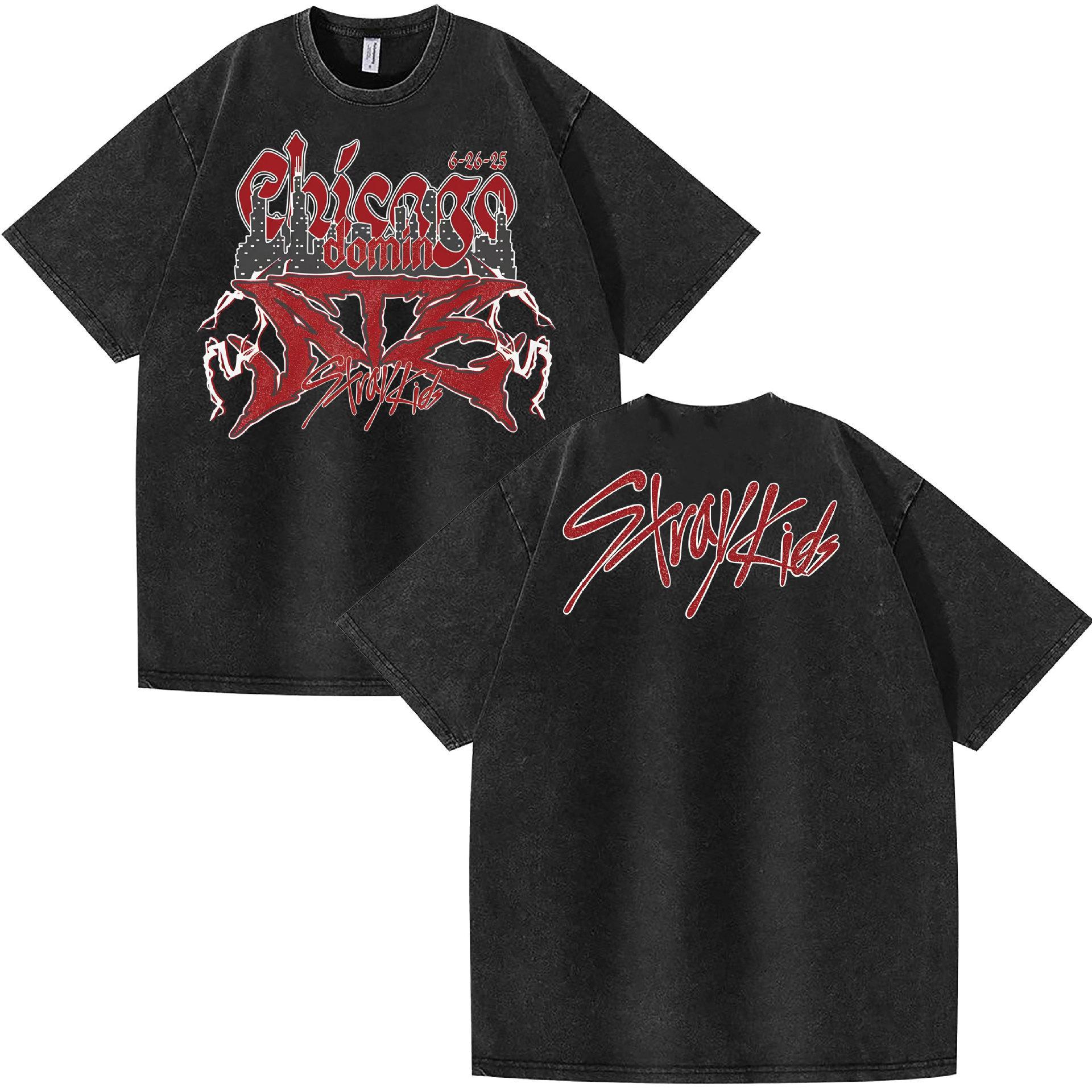 Washed Stray Kids Combination Peripheral Printing Summer Short-Sleeved T-Shirt Pure Cotton Loose S