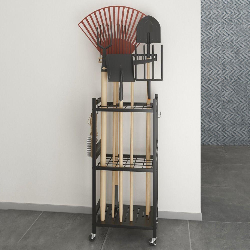Durable With Movable Wheel Storage Rack Stable Multi-purpose Garden Tool Organizer Metal Mop Broom Holder