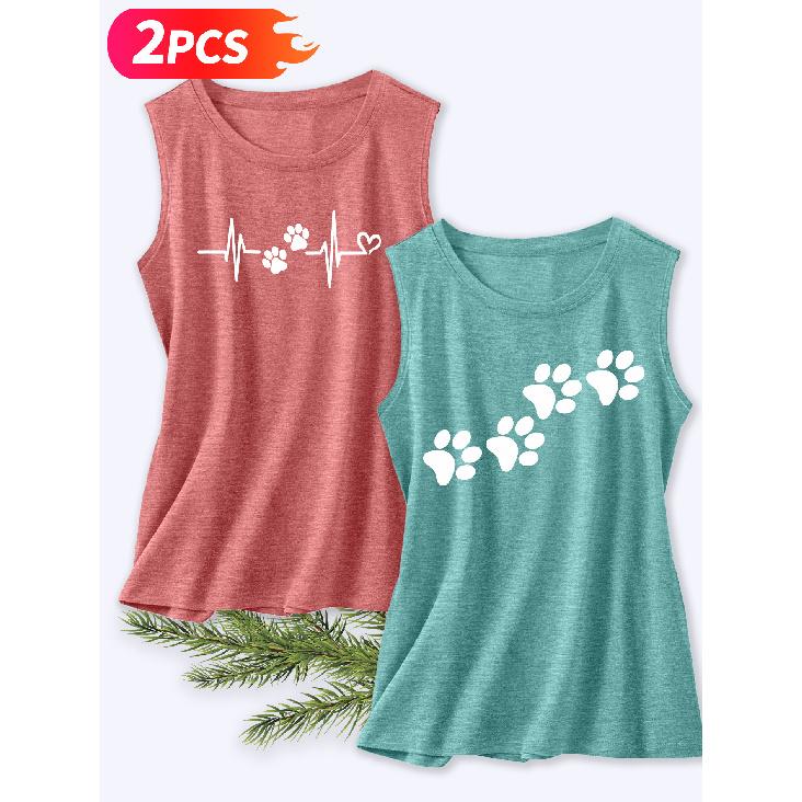 Follow a Specific Direction Two-piece Women's Vest Set Pet Paw Print ECG Print Elegant Summer Party Outfits Sleeveless Vest Essential Fashion Items