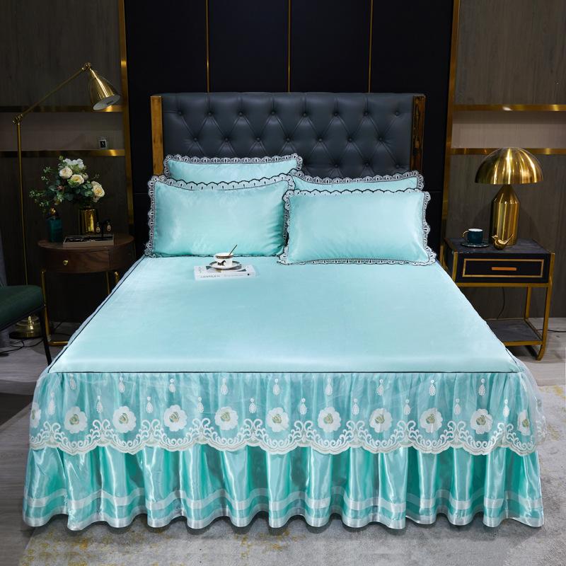 Blondertilpasset laken Luksus sengetøysett Romantisk ismatte sammenleggbare broderte laken Lin Sengetøy Queen Sengeteppe med skjørt