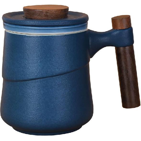 Tea Cup with Infuser and Lid, Retro Tea Mug Cups with Infuser, Wood Handle Ceramic Coffee Mug with Lid for Steeping Loose Leaf Tea 320ml/10.82OZ синий