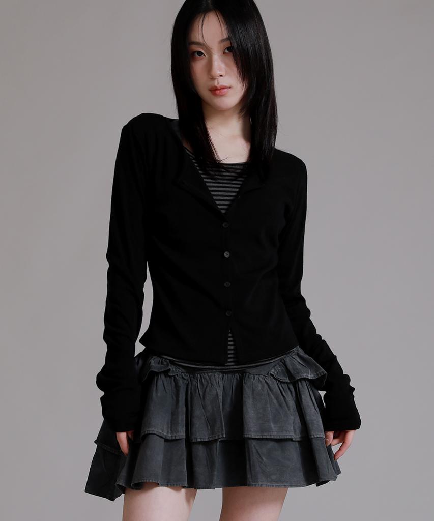 LIKE THE MOST Striped Inner Layered Cardigan T-Shirt_Black