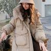Lange, lockere, leichte Daunenjacke für Damen im Herbst und Winter mit Kapuze, gerader weißer Entendaunenmantel, Stehkragen, große Tasche, einfarbig