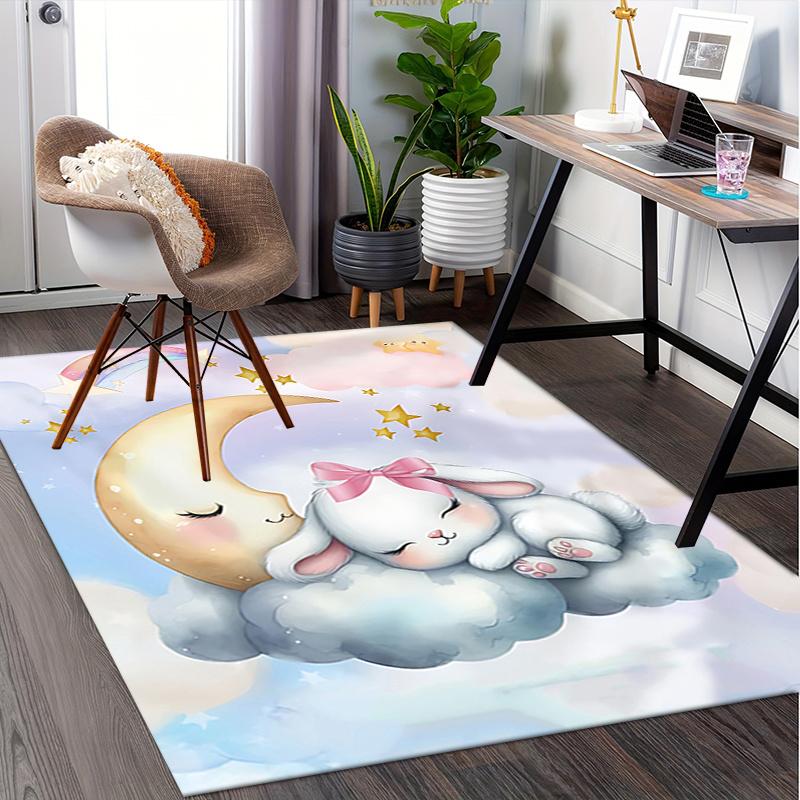 Charming Moon and Bunny Chair Mat Office Carpet, Oversized Rug for Home Decor, Sofa Mat, Desk Pad Gift, Suitable for Bedroom, Living Room, Any Room