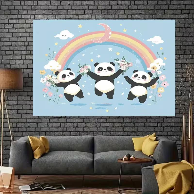 

2D Cartoon Pandas with Flowers Tapestry Pastel Blue Background Backdrop 47.2x31.5inch/120*80cm