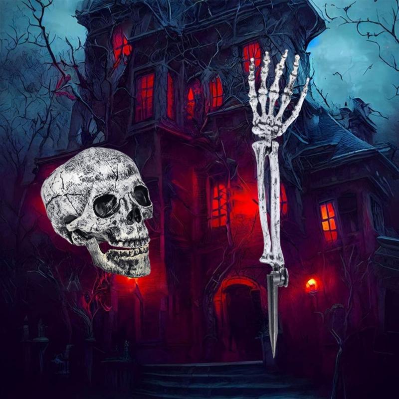 Halloween Skull Hand Arm Yard Stake Lifelike Skeleton for Head Figurine Garden Decoration Haunted House Props