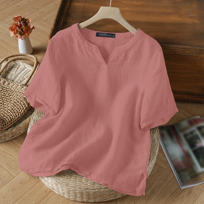 ZANZEA Women Casual V-Neck Solid Color Loose Short Sleeve Blouse