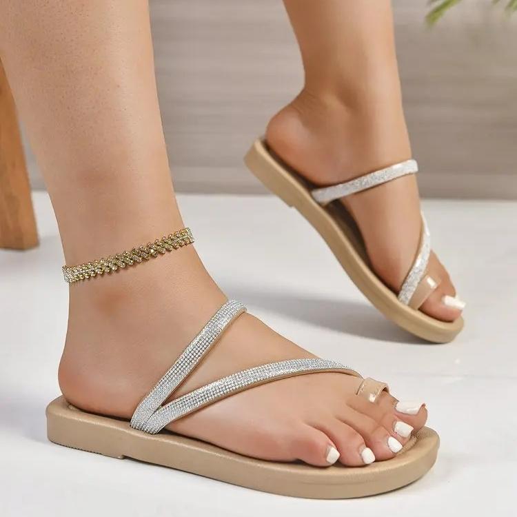 Leisure Slippers for Women Casual Flat Low Heels Sweet Basic Women Shoes Solid Bling Leather Slip on Summer Sandals Plus Size