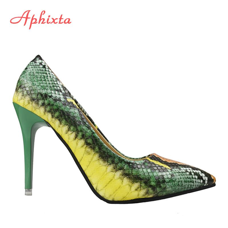Fashion Aphixta Snake Prints Leather Pumps Women Shoes 10cm stiletto Heels Pointed Toe Office Party Dress Shoes Woman Big Size 42