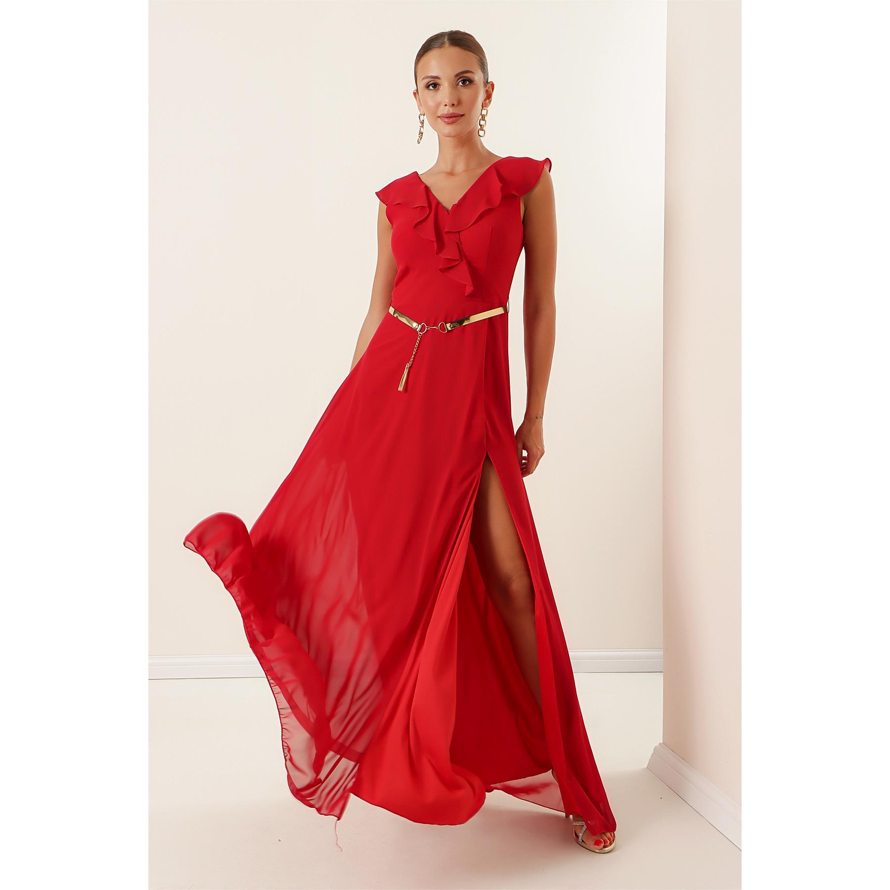 

Длинное шифоновое платье с разрезом и поясом с оборкой на воротнике L красный