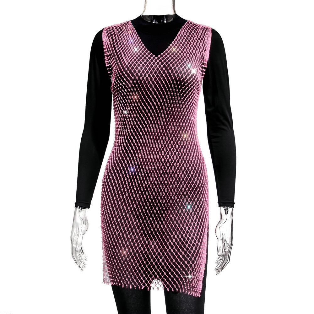 Women's Grid Flash Diamond Fishnet Dress Spice Girl Wind Dress Sex Dress