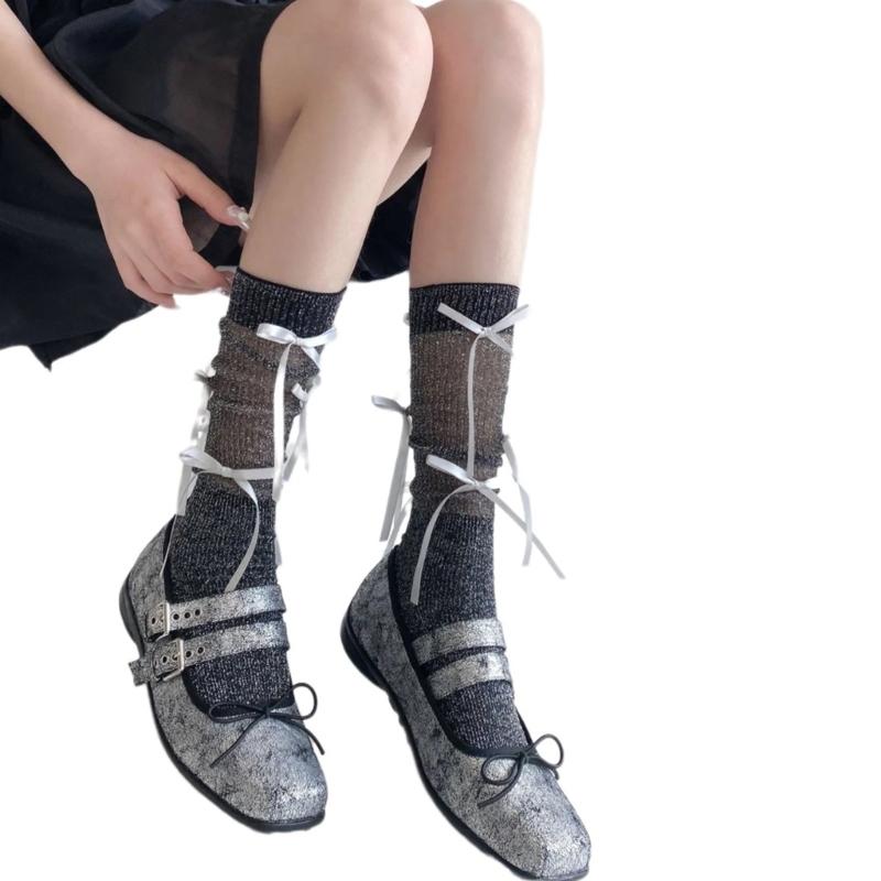 Japanischer Stil Schimmerndes Netz Spleißende Gerippte Über die Wade Socken für Damen Mädchen Niedliche Schleife Schleifenknoten Lange Strümpfe