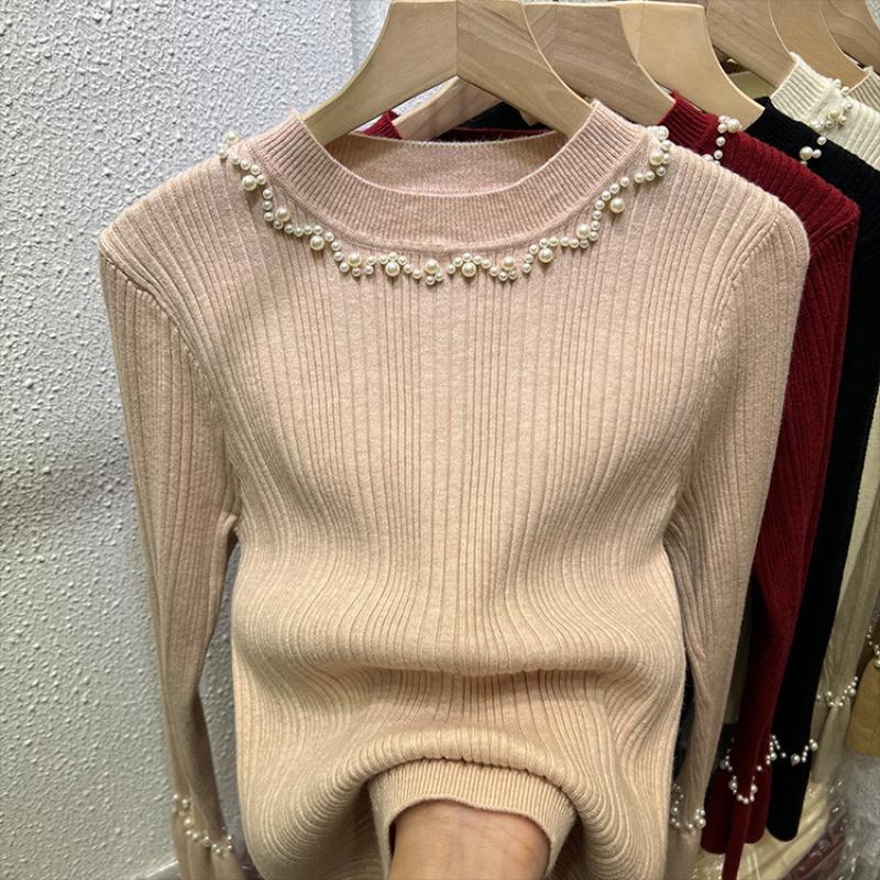 Podzimní Nový Svetr Pletený s Korálky Dlouhý Rukáv Dámský Zimní Slim Fit Základní Pulovr Svetry pro Ženy Módní Elegantní Jednobarevné Teplé Svetry Topy 24868