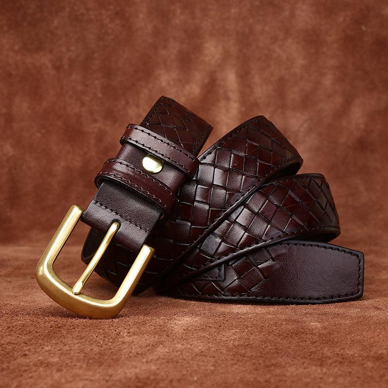 3.8Cm Retro Fashion Trend Versatile First-Layer Cowhide Woven Belt Men'S Genuine Leather Copper Buckle Woven Belt