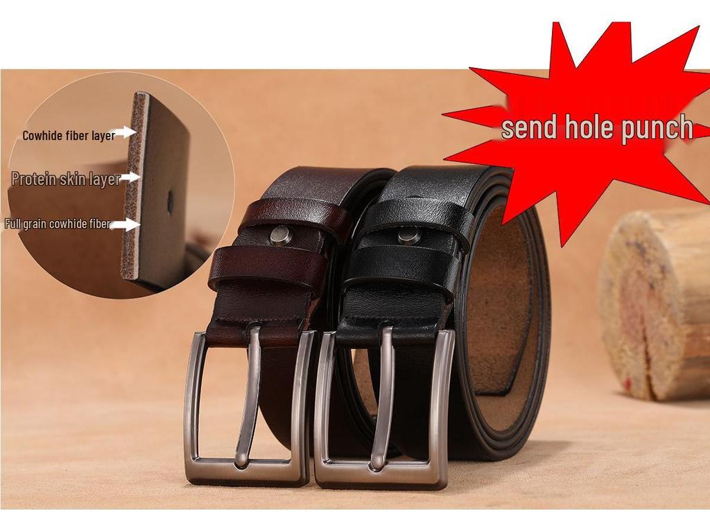 Men's Genuine Leather Casual Belt with Pin Buckle - Full Cowhide Waistband