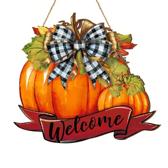 High-definition Printed Pumpkin Fall Welcome Sign, Thanksgiving Door Hanger, Wooden Decor Solid Wood Hanging Porch Sign for Autumn Harvest Farmhouse