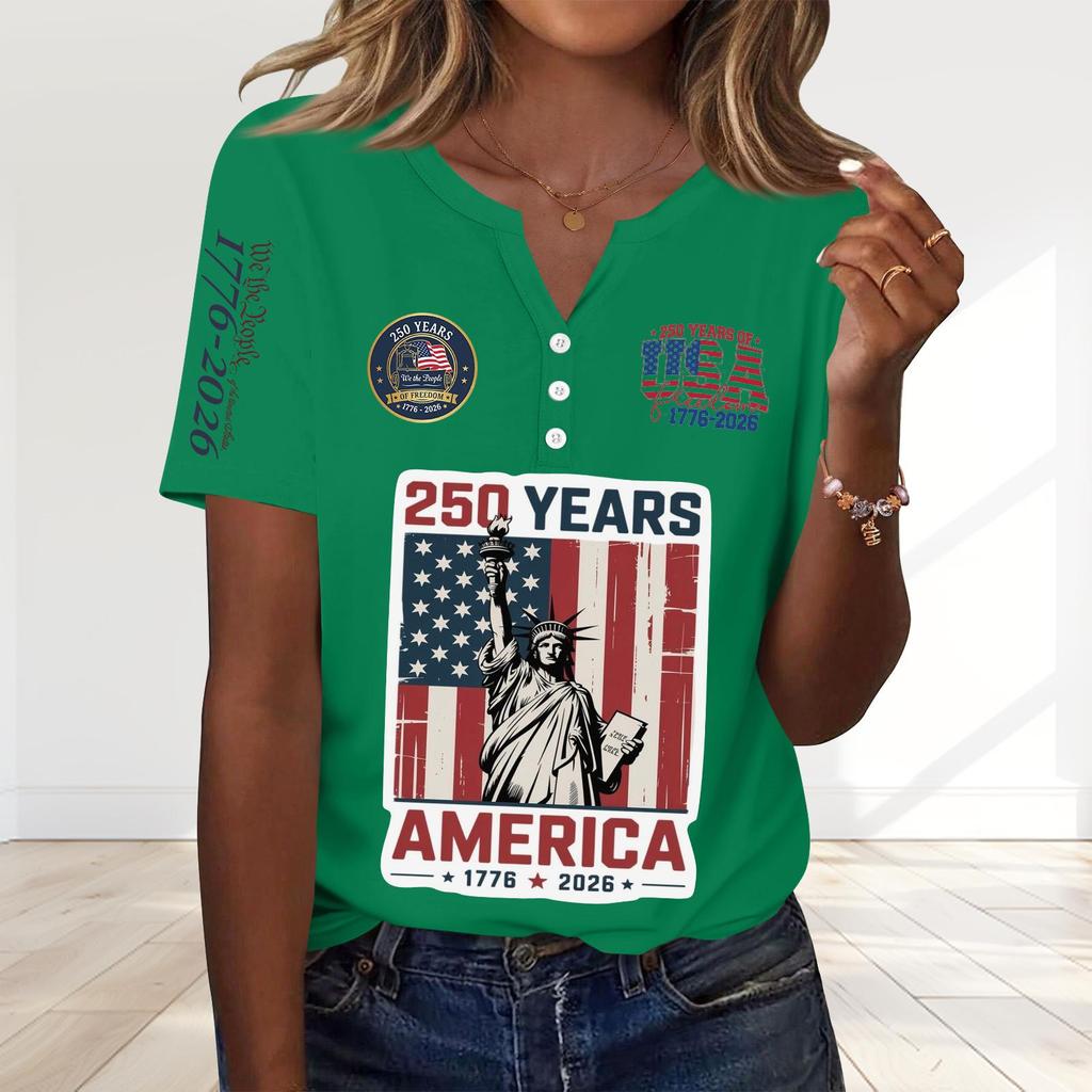 Women's Fashion Casual 250th Anniversary Independence Day Print V-Neck Short Sleeve Decorated Button-Up T-Shirt