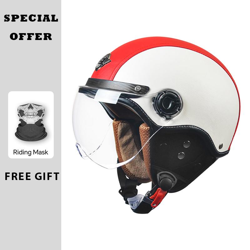 Vintage Motorcycle Helmet ECE DOT Approved Men Women Leather Jet Helmet Open Half Dirt Bike Helmet Electric Riding Cascos