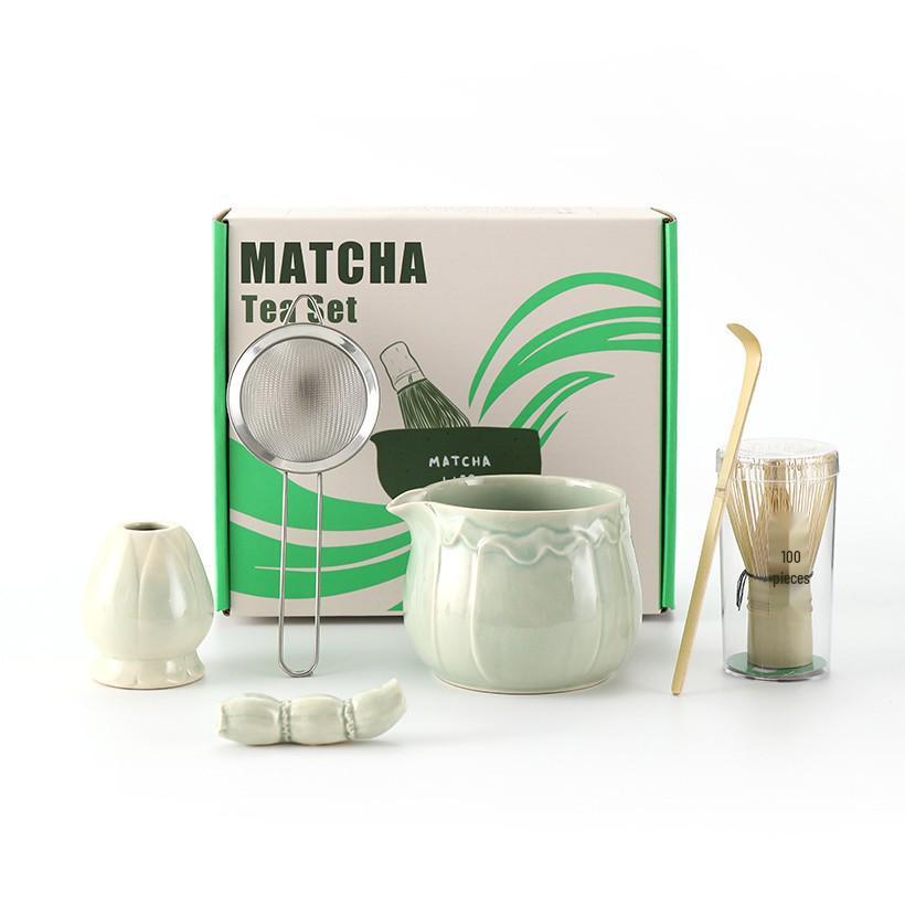 Ceramic Japanese Matcha Tea Ceremony Set with Hundred-Pronged Whisk, Holder, and Brush