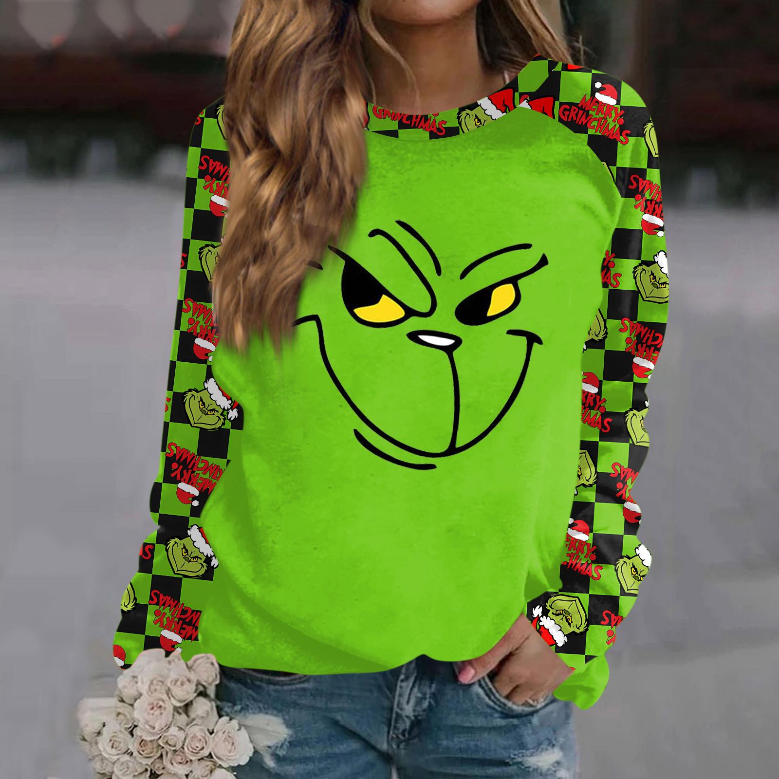 Women s Fashion Casual Long Sleeve Christmas Printed  Neck Sweatshirt Top S