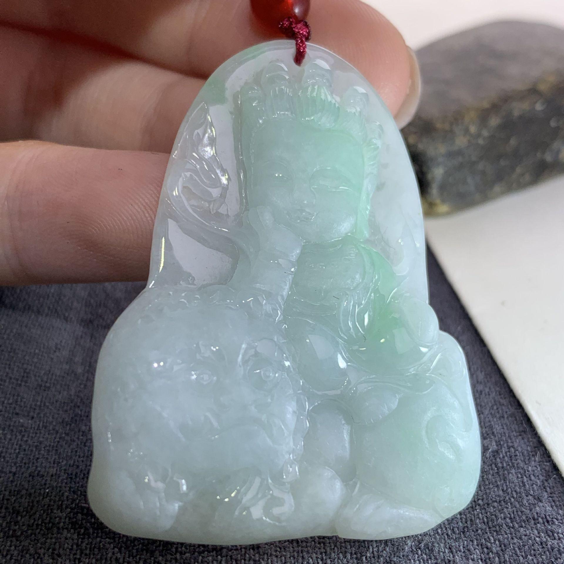 A-Grade Myanmar Jade Thousand-Armed Guanyin Baby Buddha with Manjushri and Mahavairocana Buddha Landscape