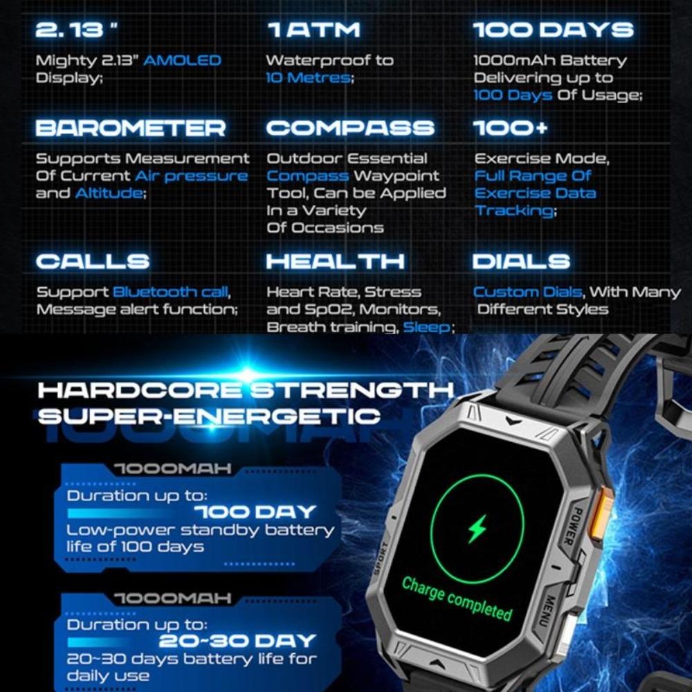 New 1000mAh Battery Smart Watch 2.13-Inch AMOLED Screen Men's Watch Compass 10ATM Waterproof Bluetooth Call Sports Smart Watch