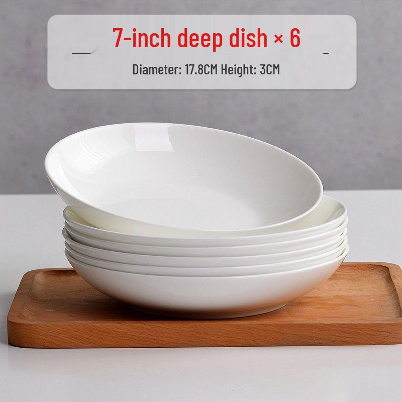 6-piece White Porcelain Deep Dinner Plate Set, 6-inch