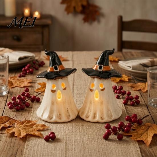 Holiday Atmospheric Night Lights Witch Hat Ghost Tealight Candle Holder, Vintage Resin Halloween Tabletop Decor Style Crafts with Warm Glow