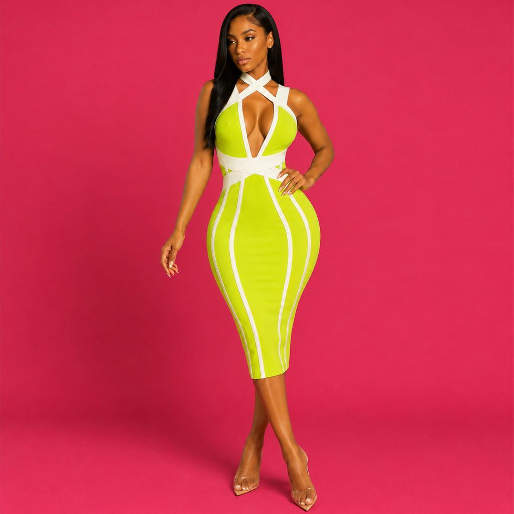 Europäischer und amerikanischer Sommer neues afrikanisches Promi-Kleid mit tiefem V-Ausschnitt, Hohlmuster und Streifen für die Hüfte
