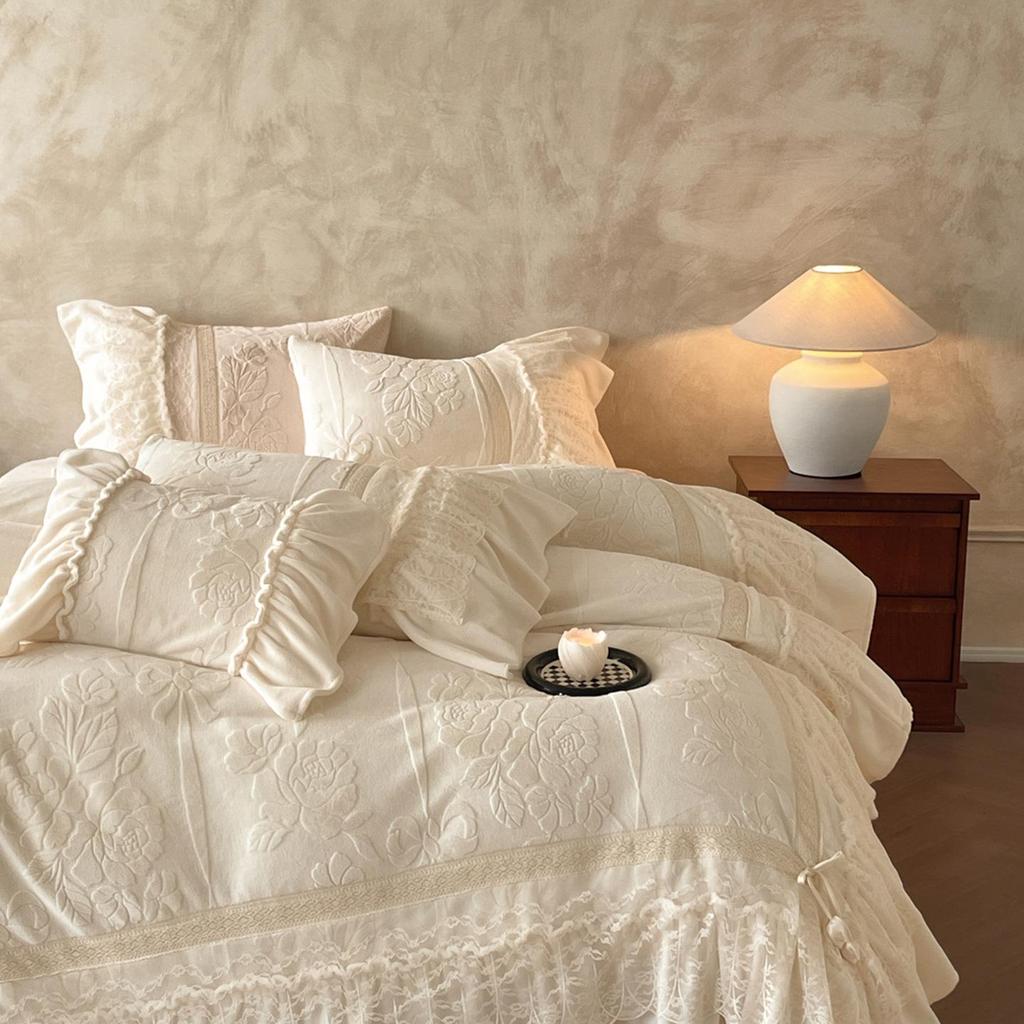 Contemporary Minimalist Carved Milk Velvet Warm Lace Bedding Set