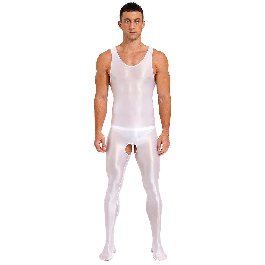 Herren-Dessous, glänzend, glatt, dehnbar, ärmellos, U-Ausschnitt, offener Schritt, Ganzkörper-Bodysuit mit Füßen