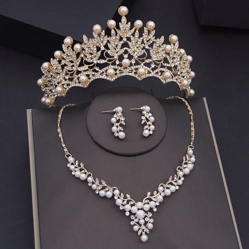 Rhinestone Pearls Bridal Jewelry Sets for Women Tiaras Earrings Necklace Sets Wedding Crown Bride Jewelry Set Accessories