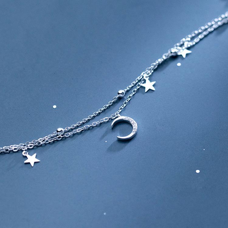 925 Silver Star Moon Bracelet Women Fashion Korean Crystal Double Layer Charm Party Jewelry Gift