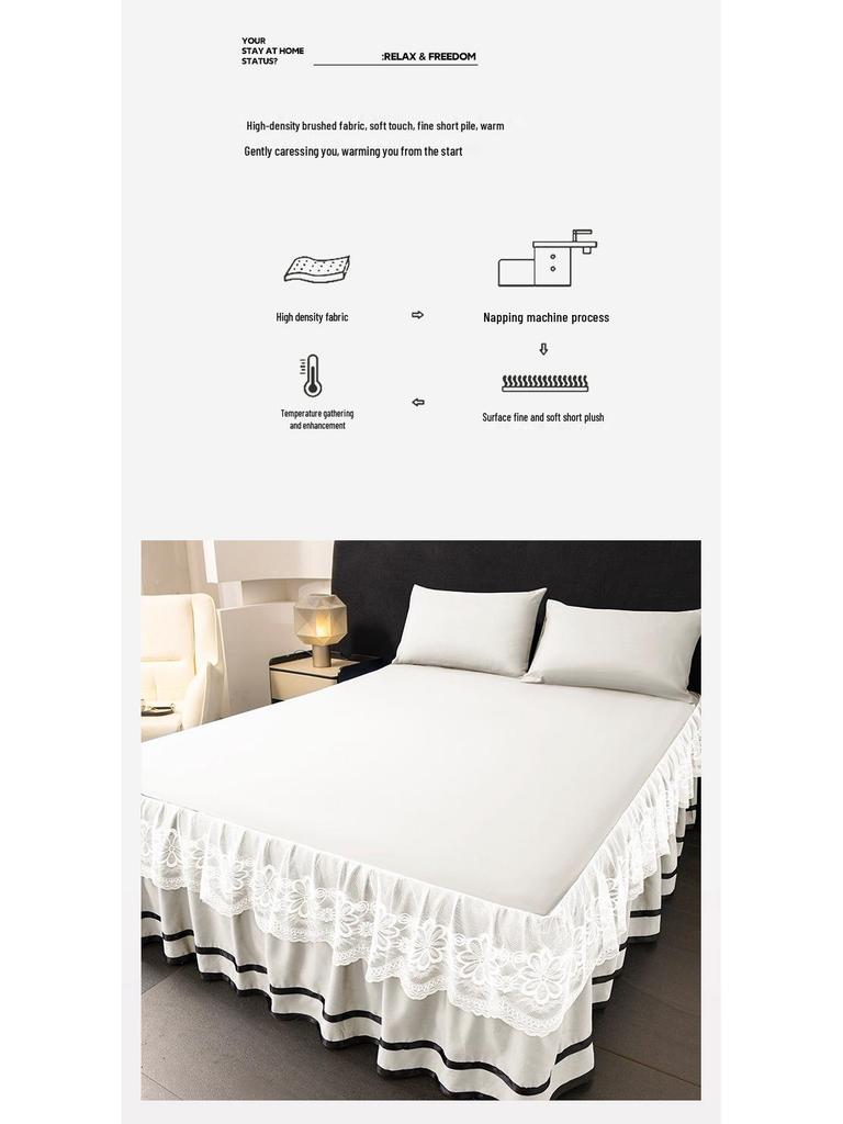 Brushed Double-Layer Solid Color Elastic Lace Ruffle Bed Skirt Full-Size Mattress Cover