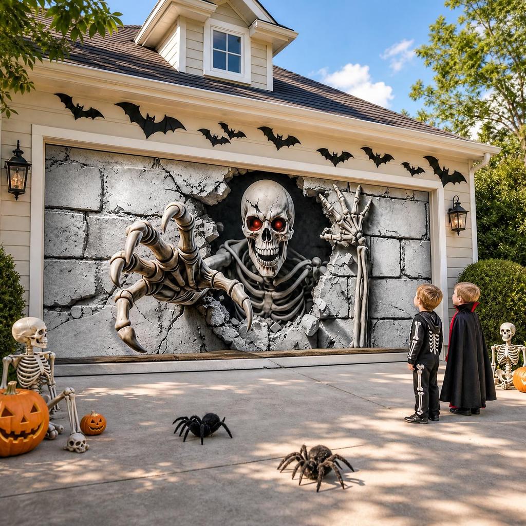 16 x 7 FT Halloween Garage Door Cover,Large 3D Skeleton Halloween Backdrop
