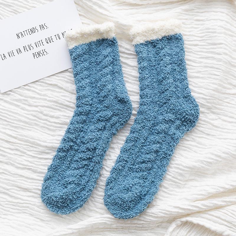 Women's Coral Fleece Mid-Calf Wool Socks for Autumn & Winter - Cozy Cable Knit, Home and Sleep Socks