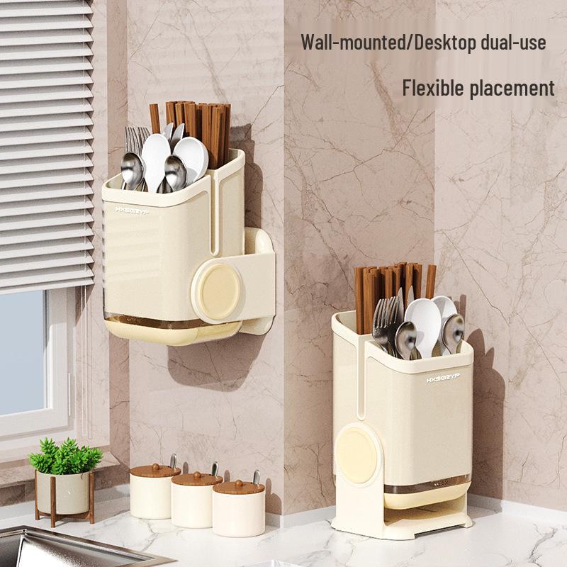 Wall-Mounted Anti-Mildew Chopstick and Utensil Holder With Draining Shelf.