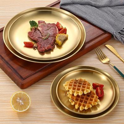 1pc New Stainless Steel Thickened Disc Golden Cafe Tray High Quality Dining Disc Fruit Meat Dessert Round Plate  Shallow Tray
