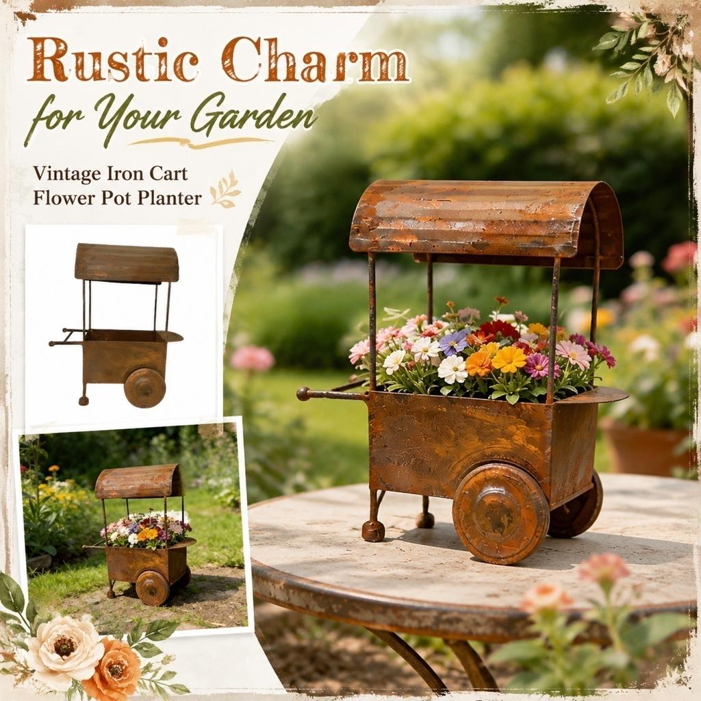 Rustikaler Metall-Gartenwagen Pflanzgefäß Outdoor Vintage Stil Eisen Blumenständer für Terrasse Hof Deck Dekoration mit Rädern und Griff