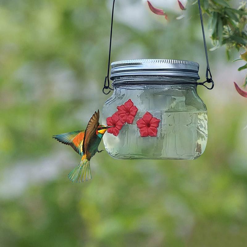 Quadratisches Glasgefäß Kolibri-Futterspender Wildvogel-Tränke für Außenbereich Garten Hof Hängende Vogelfutterspender mit Roten Blumen