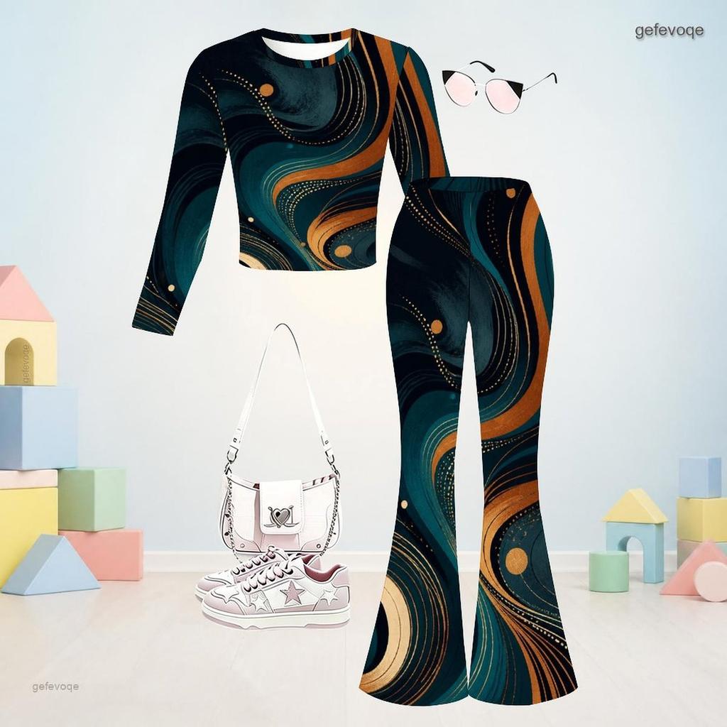 Girls Round Neck Long Sleeve Printed Crop Top Flared Pants Two Piece Set