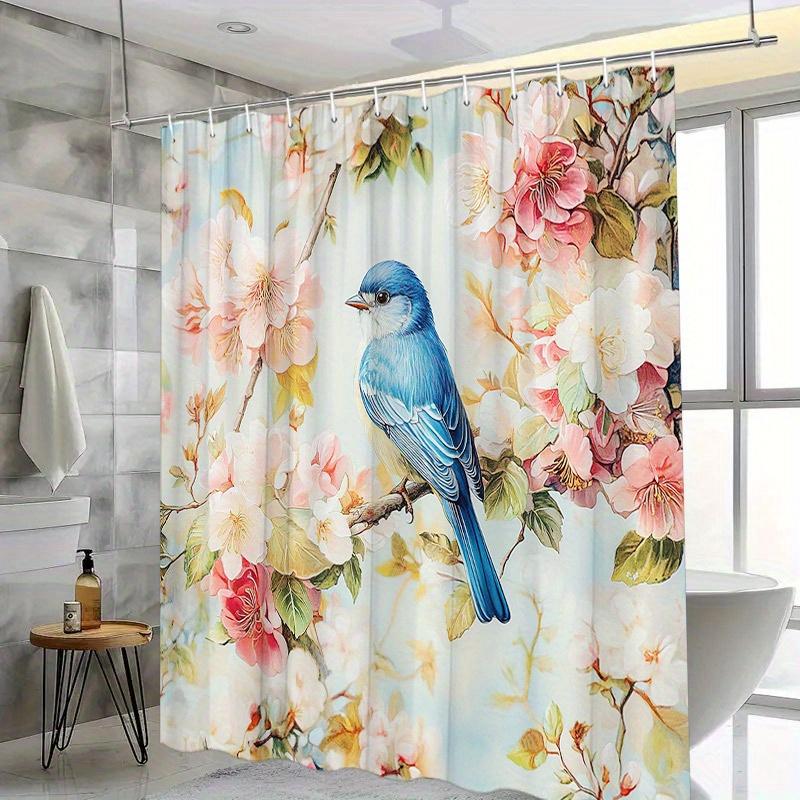 Polyester Shower Curtain - Blue Bird on Branch with Flowers, Watercolor Spring Scene, 70.8x70.8", 12 Hooks, Machine Washable
