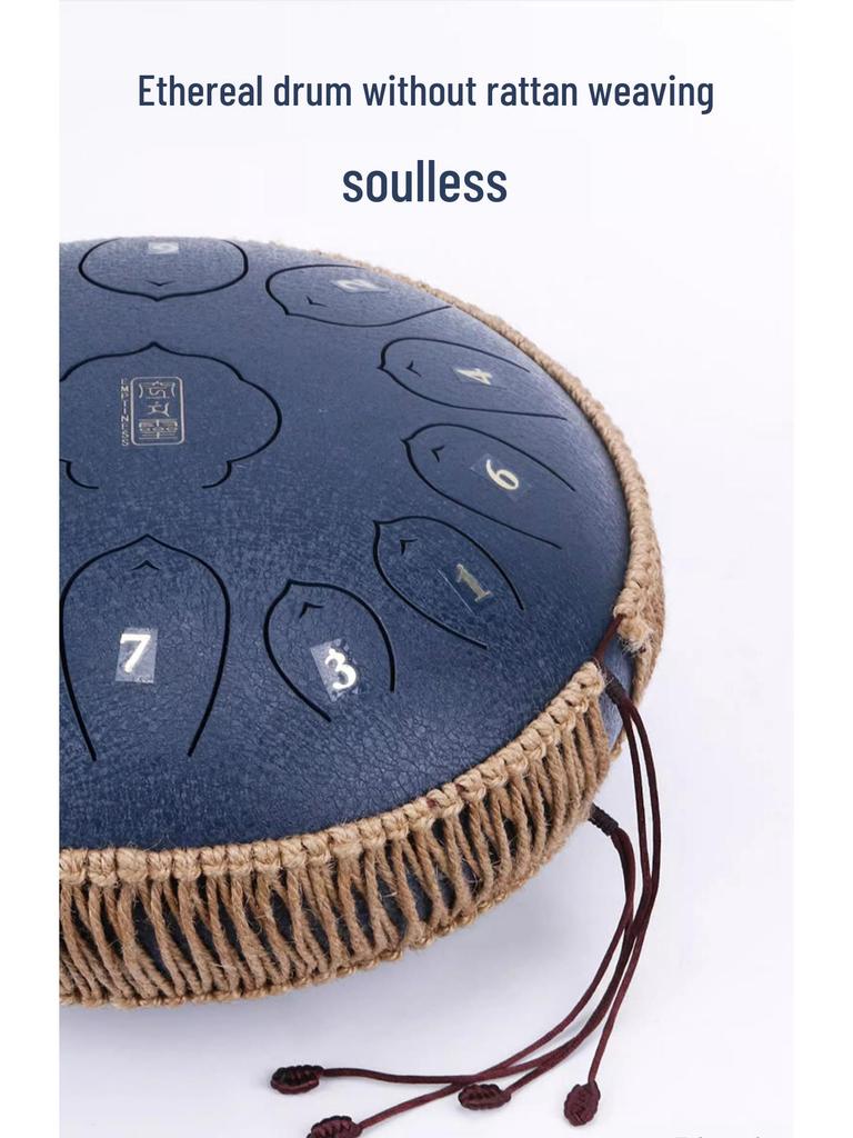 Ethereal 13-Tone Steel Tongue Drum with Handmade Hemp & Cotton Rope Edging, Includes Drum Mallet & Decorative Braided Rope