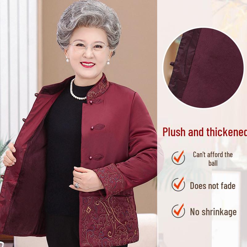 

Зимнее хлопковое пальто бабушки: Толстая теплая бархатная куртка для женщин среднего и пожилого возраста со стойкой и в стиле костюма Тан 5XL (145-160 jin)