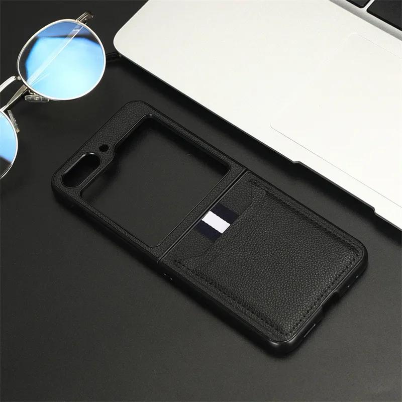 Leather Phone Case for Samsung Galaxy Z Flip 7 FE 6 5 4 3 Flip6 Flip5 Flip4 Flip3 with Card Holde Fall Protection Sleeve Cover