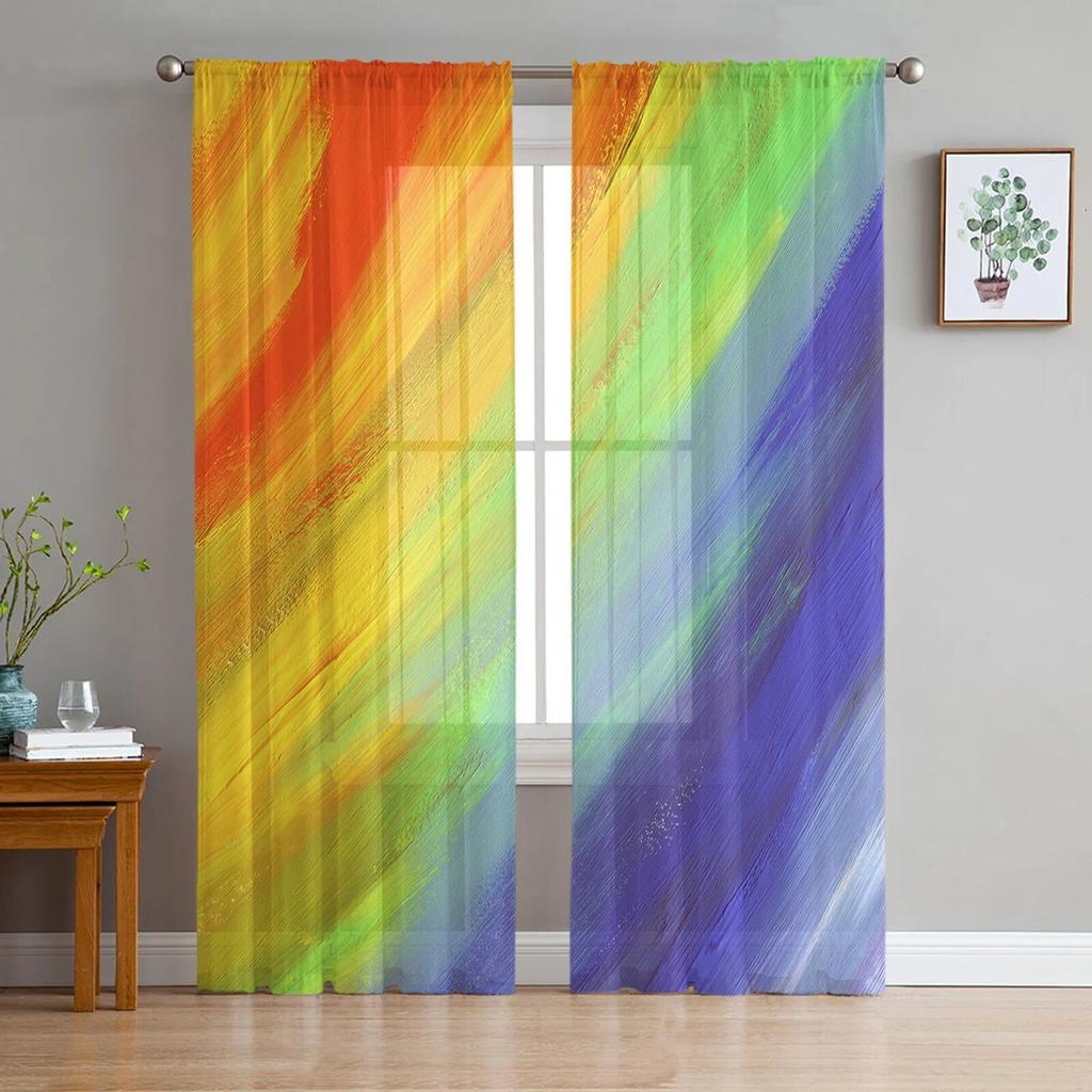 Gradient Watercolor Oil Painting Window Tulle Curtains for Living Room Bedroom Hotel Luxury Decoration Sheer