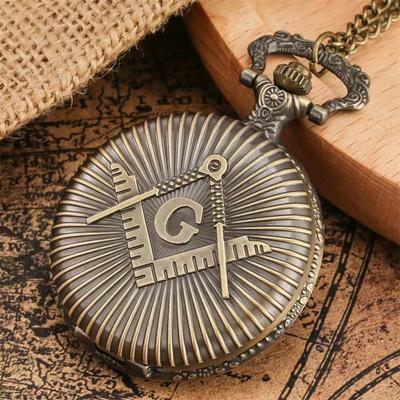 Vintage Masonic Necklace Pendant Quartz Clamshell Arabic Digital Pocket Watch