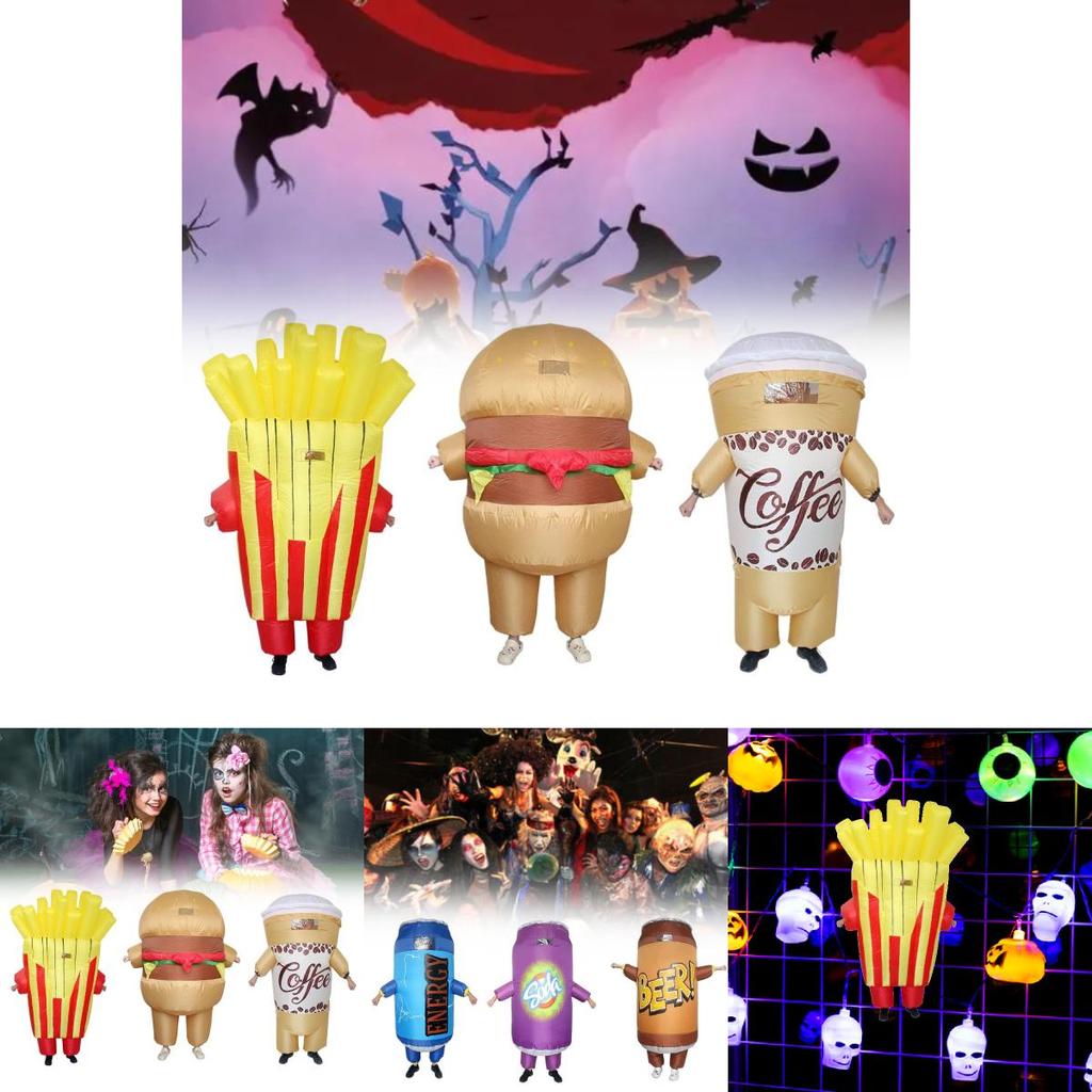 Lustiges und skurriles aufblasbares Kostüm Lustiges Soda-Getränkebecher-Hamburger-Pommes-Outfit für Halloween-Partys