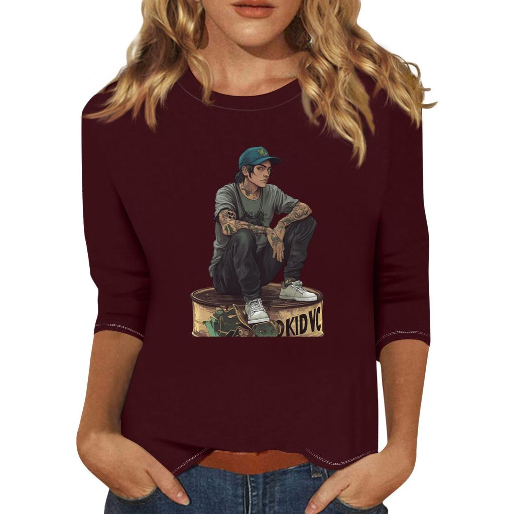 Women's Fashion Casual 3/4 Sleeve Street Print Round Neck Pullover Top