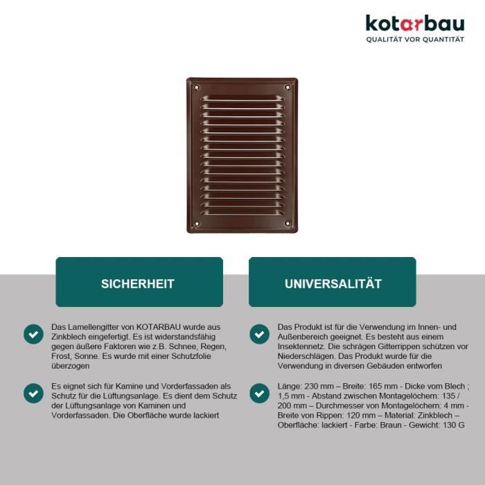 Grille d'aération - KOTARBAU - 230x165 mm - Moustiquaire - Résistante à la corrosion - Marron